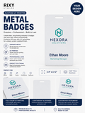Metal badges with Nexora Solutions branding on a white background