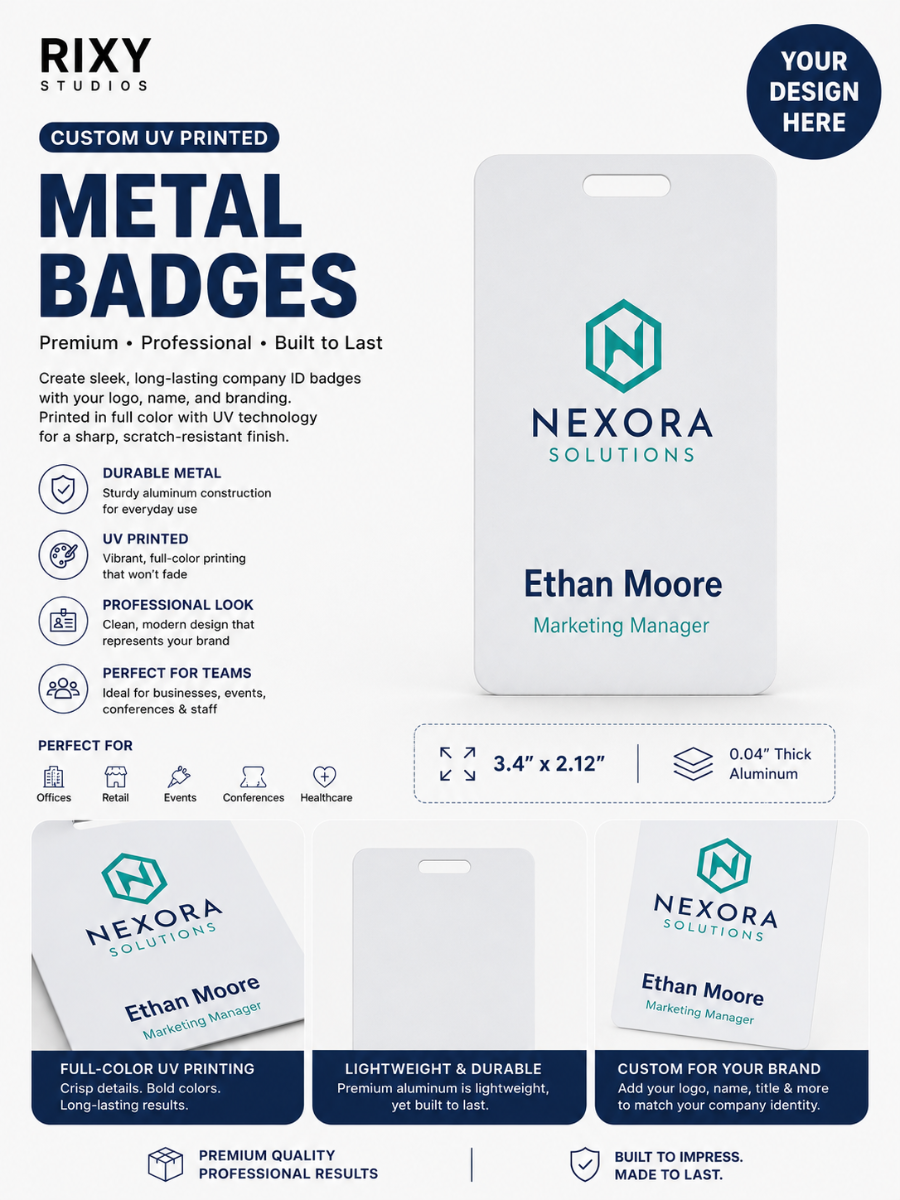 Metal badges with Nexora Solutions branding on a white background