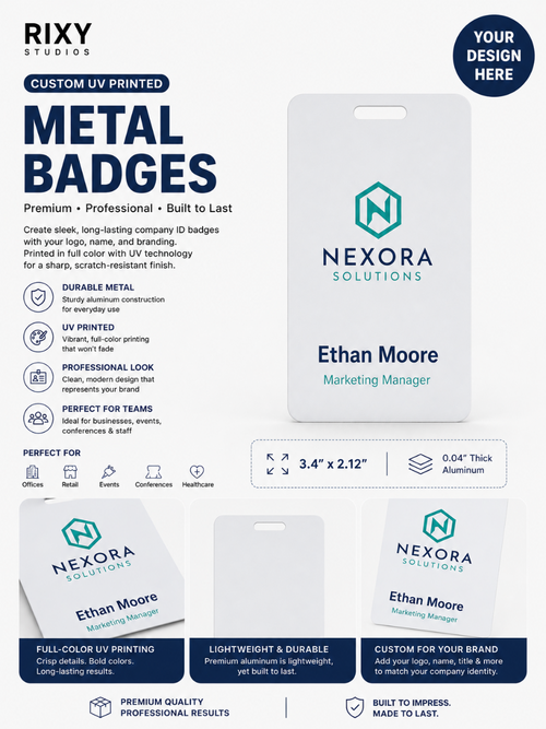 Metal badges with Nexora Solutions branding on a white background
