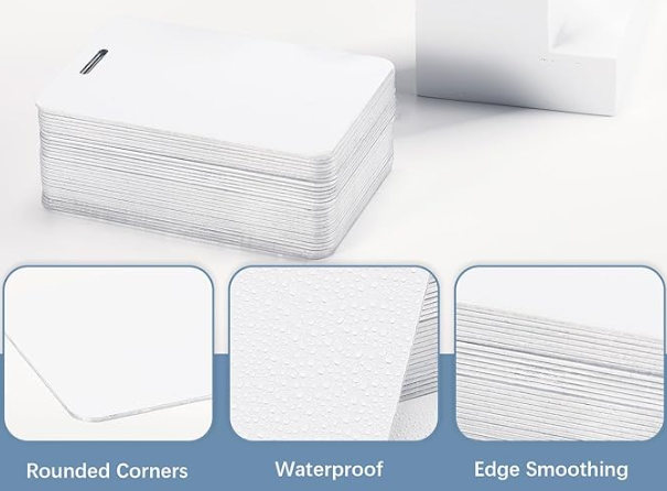 Stack of white cards with rounded corners, waterproof feature, and edge smoothing on a light gray background.