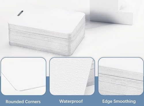 Stack of white cards with rounded corners, waterproof feature, and edge smoothing on a light gray background.